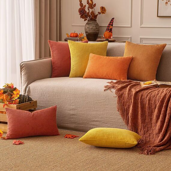 EMEMA Kissenbezug 30x50 cm Herbst Kordsamt Kissenbezüge Dekokissen Sofakissen Cord Kissenhülle Zierkissenbezug Kord Dekorative Weiche für Sofa Wohnzimmer Schlafzimmer 2er Set Gebranntes Orange