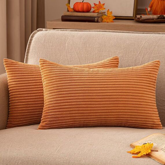 EMEMA Kissenbezug 30x50 cm Herbst Kordsamt Kissenbezüge Dekokissen Sofakissen Cord Kissenhülle Zierkissenbezug Kord Dekorative Weiche für Sofa Wohnzimmer Schlafzimmer 2er Set Gebranntes Orange