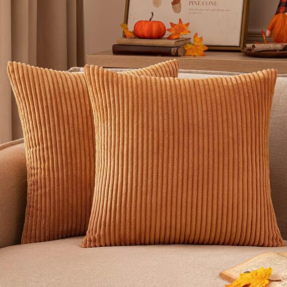 EMEMA Kissenbezug 40x40 cm Herbst Kordsamt Kissenbezüge Dekokissen Sofakissen Cord Kissenhülle Zierkissenbezug Kord Dekorative Weiche für Sofa Wohnzimmer Schlafzimmer 2er Set Gebranntes Orange