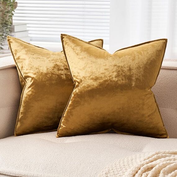 EMEMA Samt Kissenbezug Kissenhülle 50x50 cm Dekorative Sofakissen Dekokissen Umwickelte Kante 2er Set Kissenbezüge Zierkissenbezug für Sofa Wohnzimmer Schlafzimmer Champagner Golden