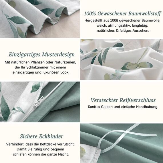 MILDLY Bettwäsche 155x220 Baumwolle, Bettwäsche-Sets mit Pflanzenmuster, Reißverschluss, ÖkoTex Zertifiziert, Enthält 1 Bettbezug 155x220 und 1 Kissenbezug 80x80, Grün（Katharina）