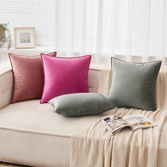 EMEMA Samt Kissenbezug Kissenhülle 50x50 cm Dekorative Sofakissen Dekokissen Umwickelte Kante 2er Set Kissenbezüge Zierkissenbezug für Sofa Wohnzimmer Schlafzimmer Rose Rot