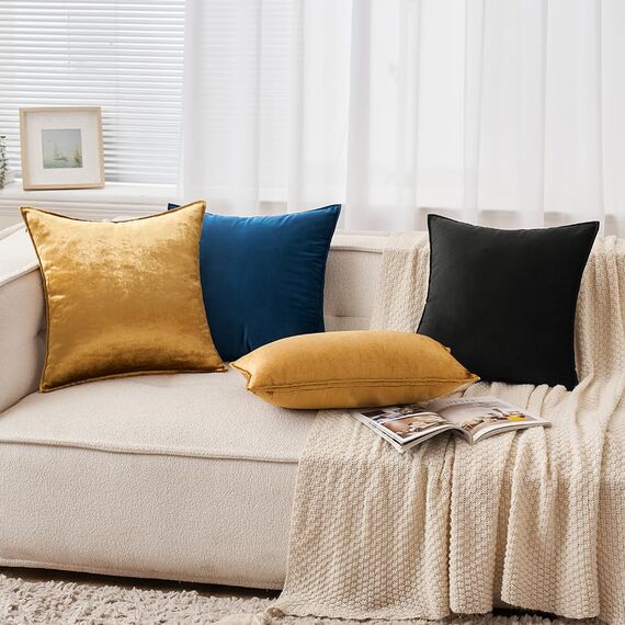 EMEMA Samt Kissenbezug Kissenhülle 50x50 cm Dekorative Sofakissen Dekokissen Umwickelte Kante 2er Set Kissenbezüge Zierkissenbezug für Sofa Wohnzimmer Schlafzimmer Schwarz