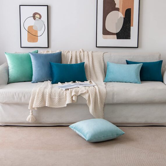 EMEMA Samt Kissenbezug Kissenhülle Dekorative Dekokissen Sofakissen Lendenkissen Wurfkissenbezug mit Verstecktem Reißverschluss Schlafzimmer Sofa 2er Set 45x45 cm Grünlichesblau