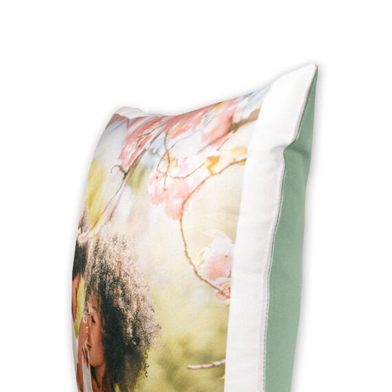 LOOXIS Personalisiertes Kissen mit Foto & Text Bedruckt, selbst gestalten – 40x40 cm, farbige Rückseite, Leinenhaptik – Geschenkidee Männer, Frauen, Jahrestag, Geburtstag, Einzug – Seegrün