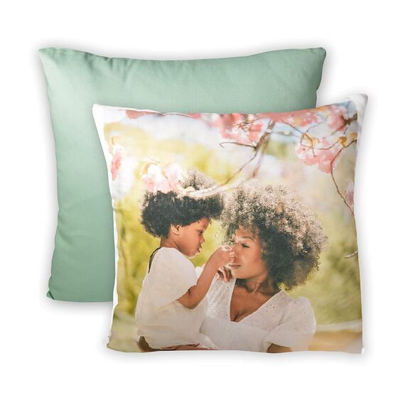 LOOXIS Personalisiertes Kissen mit Foto & Text Bedruckt, selbst gestalten – 40x40 cm, farbige Rückseite, Leinenhaptik – Geschenkidee Männer, Frauen, Jahrestag, Geburtstag, Einzug – Seegrün