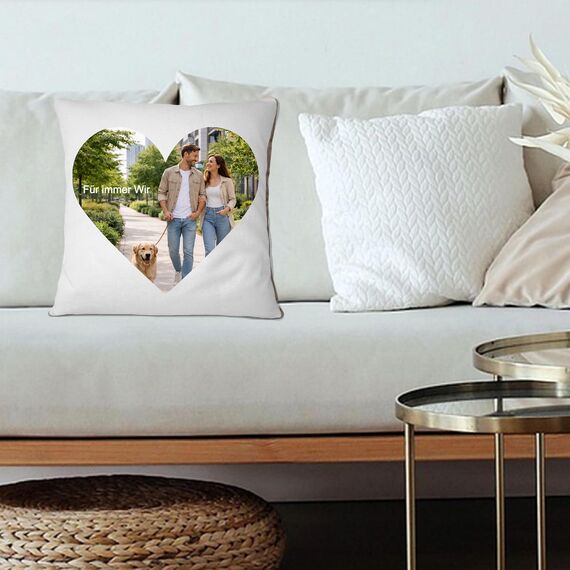 LOOXIS Personalisiertes Kissen mit Foto & Text Herzmotiv, selbst gestalten – 40x40cm, farbige Rückseite, Leinenhaptik – Geschenkidee Männer, Frauen, Jahrestag, Geburtstag, Valentinstag – Cappucchino