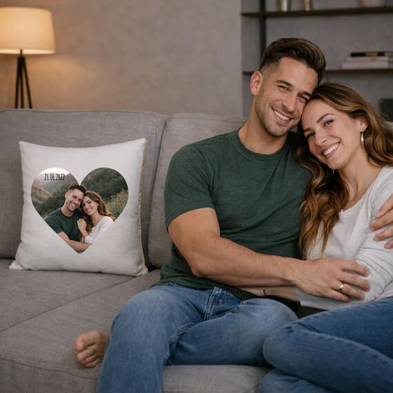 LOOXIS Personalisiertes Kissen mit Foto & Text Herzmotiv, selbst gestalten – 40x40cm, farbige Rückseite, Leinenhaptik – Geschenkidee Männer, Frauen, Jahrestag, Geburtstag, Valentinstag – Cappucchino