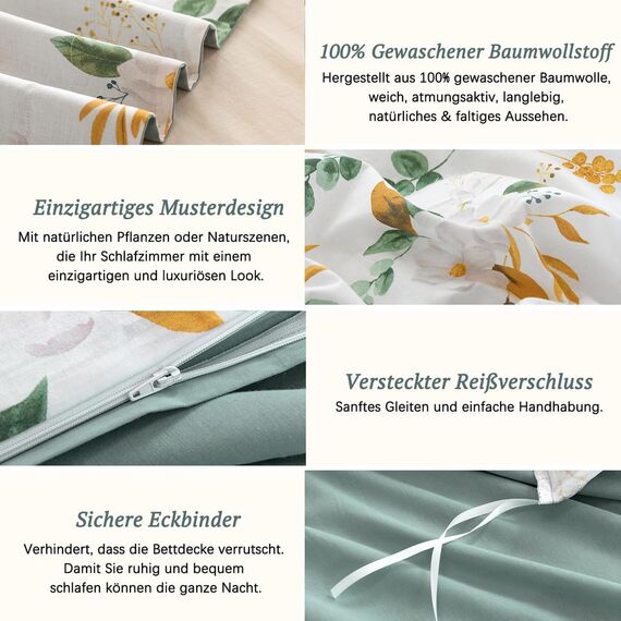 MILDLY Bettwäsche 200x200 Baumwolle, Bettwäsche-Sets mit Pflanzenmuster, Reißverschluss, ÖkoTex Zertifiziert, Enthält 1 Bettbezug 200x200 und 2 Kissenbezug 80x80, Grün（Kaelyn）