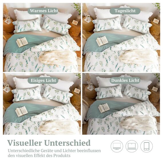 MILDLY Bettwäsche 135x200 Baumwolle 4 Teilig, Bettwäsche-Sets mit Pflanzenmuster, Reißverschluss, ÖkoTex Zertifiziert, Enthält 2 Bettbezug 135x200 und 2 Kissenbezug 80x80, Grün（Katharina）