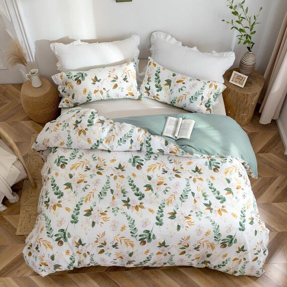 MILDLY Bettwäsche 220x240 Baumwolle, Bettwäsche-Sets mit Pflanzenmuster, Reißverschluss, ÖkoTex Zertifiziert, Enthält 1 Bettbezug 220x240 und 2 Kissenbezug 80x80, Grün（Kaelyn）