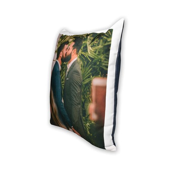 LOOXIS Personalisiertes Kissen mit Foto & Text Bedruckt, selbst gestalten – 40x40 cm, farbige Rückseite, Leinenhaptik – Geschenkidee Männer, Frauen, Jahrestag, Geburtstag, Einzug – Taubenblau