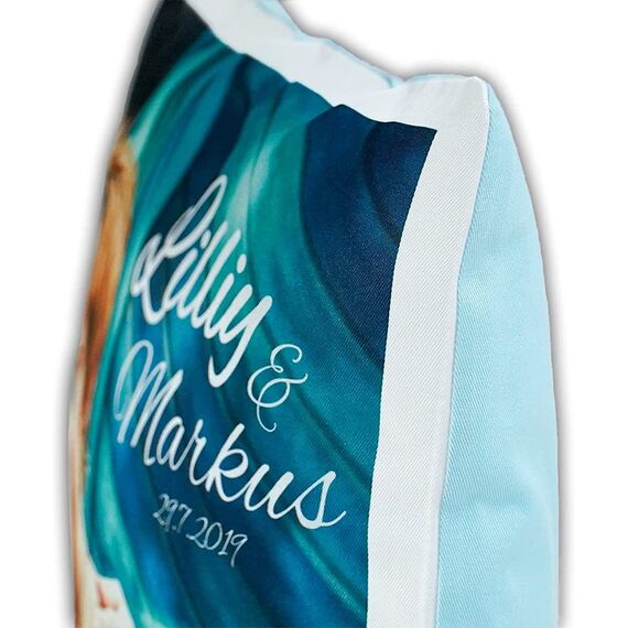 LOOXIS Personalisiertes Kissen mit Foto & Text Bedruckt, selbst gestalten – 40x40 cm, farbige Rückseite, Leinenhaptik – Geschenkidee Männer, Frauen, Jahrestag, Geburtstag, Einzug – Gletscherblau