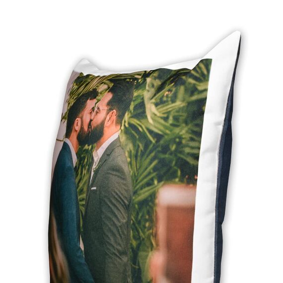 LOOXIS Personalisiertes Kissen mit Foto & Text Bedruckt, selbst gestalten – 40x40 cm, farbige Rückseite, Leinenhaptik – Geschenkidee Männer, Frauen, Jahrestag, Geburtstag, Einzug – Taubenblau