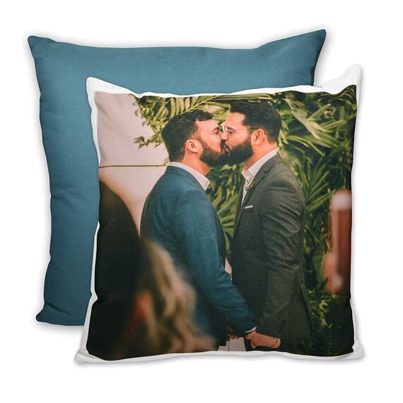 LOOXIS Personalisiertes Kissen mit Foto & Text Bedruckt, selbst gestalten – 40x40 cm, farbige Rückseite, Leinenhaptik – Geschenkidee Männer, Frauen, Jahrestag, Geburtstag, Einzug – Taubenblau