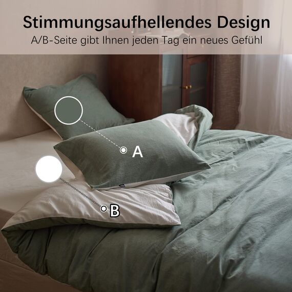 MILDLY 135x200 Baumwolle Salbeigrün, Bettwäsche-Sets 100% Gewaschene mit Leinenartigem Griff, ÖkoTex Zertifiziert & für Allergiker Geeignet, 1 Bettbezug & 1 Kissenbezügen 80x80