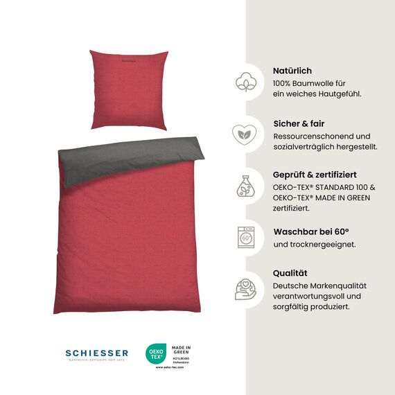 Schiesser Bettwäscheset Doubleface | Renforcé | 2-teilig | Zweifarbig | 100 % Baumwolle | Oeko-Tex® Made in Green Zertifiziert | Reißverschluss | 135x200cm + 80x80cm | Rot-Dunkelgrau