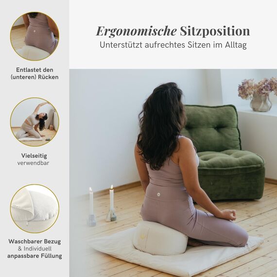 Lotuscrafts® Meditationskissen mit 15 cm Sitzhöhe, Yoga Kissen mit Dinkelfüllung, Yogakissen Rund, Bodenkissen Rund, Yogakissen Meditationskissen, Yogakissen Bezug waschbar, GOTS Zertifiziert