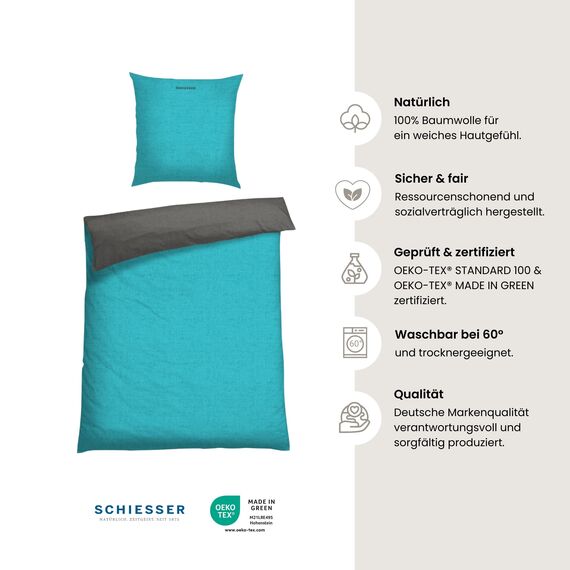 Schiesser Bettwäscheset Doubleface | Renforcé | 2-teilig | Zweifarbig | 100 % Baumwolle | Oeko-Tex® Made in Green Zertifiziert | Reißverschluss | 135x200cm + 80x80cm | Türkis-Dunkelgrau