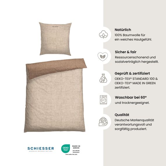 Schiesser Bettwäscheset Doubleface | Renforcé | 2-teilig | Zweifarbig | 100 % Baumwolle | Oeko-Tex® Made in Green Zertifiziert | Reißverschluss | 135x200cm + 80x80cm | Sand