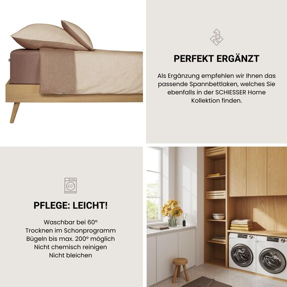 Schiesser Bettwäscheset Doubleface | Renforcé | 2-teilig | Zweifarbig | 100 % Baumwolle | Oeko-Tex® Made in Green Zertifiziert | Reißverschluss | 155x220cm + 80x80cm | Sand