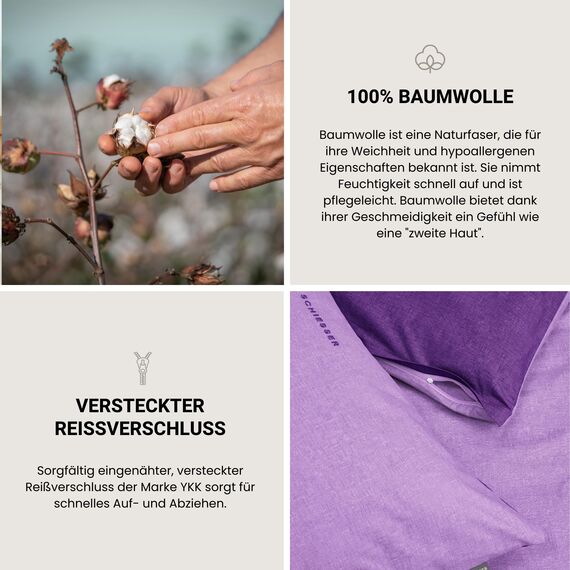 Schiesser Bettwäscheset Doubleface | Renforcé | 2-teilig | Zweifarbig | 100 % Baumwolle | Oeko-Tex® Made in Green Zertifiziert | Reißverschluss | 155x220cm + 80x80cm | Lila