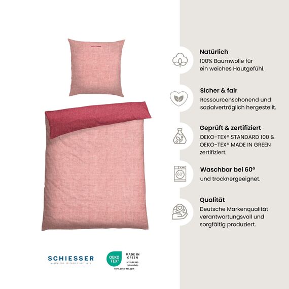 Schiesser Bettwäscheset Doubleface | Renforcé | 2-teilig | Zweifarbig | 100 % Baumwolle | Oeko-Tex® Made in Green Zertifiziert | Reißverschluss | 135x200cm + 80x80cm | Rosa