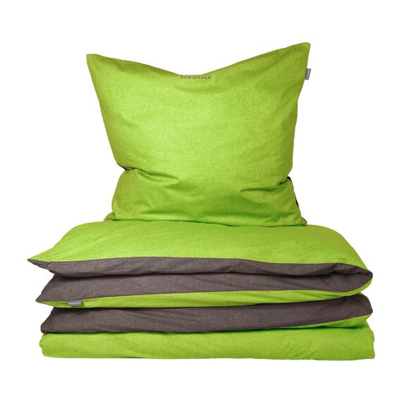 Schiesser Bettwäscheset Doubleface | Renforcé | 2-teilig | Zweifarbig | 100 % Baumwolle | Oeko-Tex® Made in Green Zertifiziert | Reißverschluss | 155x220cm + 80x80cm | Grün-Dunkelgrau