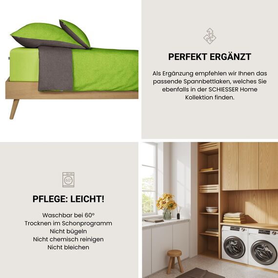 Schiesser Bettwäscheset Doubleface | Renforcé | 2-teilig | Zweifarbig | 100 % Baumwolle | Oeko-Tex® Made in Green Zertifiziert | Reißverschluss | 155x220cm + 80x80cm | Grün-Dunkelgrau