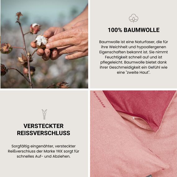 Schiesser Bettwäscheset Doubleface | Renforcé | 2-teilig | Zweifarbig | 100 % Baumwolle | Oeko-Tex® Made in Green Zertifiziert | Reißverschluss | 135x200cm + 80x80cm | Rosa