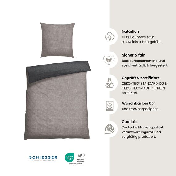 Schiesser Bettwäscheset Doubleface | Renforcé | 2-teilig | Zweifarbig | 100 % Baumwolle | Oeko-Tex® Made in Green Zertifiziert | Reißverschluss | 135x200cm + 80x80cm | Grau-Schwarz