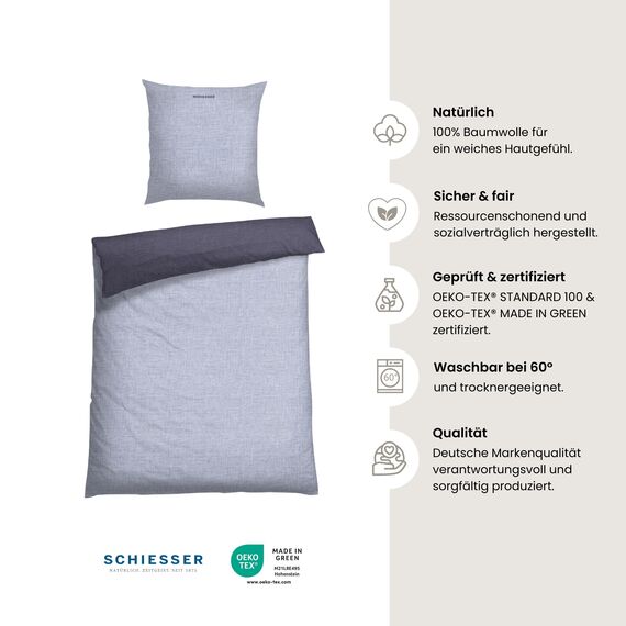 Schiesser Bettwäscheset Doubleface | Renforcé | 2-teilig | Zweifarbig | 100 % Baumwolle | Oeko-Tex® Made in Green Zertifiziert | Reißverschluss | 135x200cm + 80x80cm | Blau
