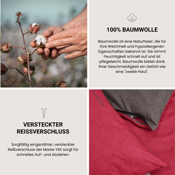 Schiesser Bettwäscheset Doubleface | Renforcé | 2-teilig | Zweifarbig | 100 % Baumwolle | Oeko-Tex® Made in Green Zertifiziert | Reißverschluss | 135x200cm + 80x80cm | Rot-Dunkelgrau