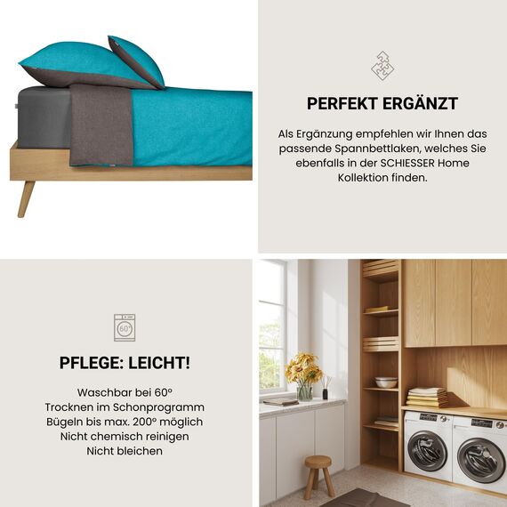 Schiesser Bettwäscheset Doubleface | Renforcé | 2-teilig | Zweifarbig | 100 % Baumwolle | Oeko-Tex® Made in Green Zertifiziert | Reißverschluss | 155x220cm + 80x80cm | Türkis-Dunkelgrau