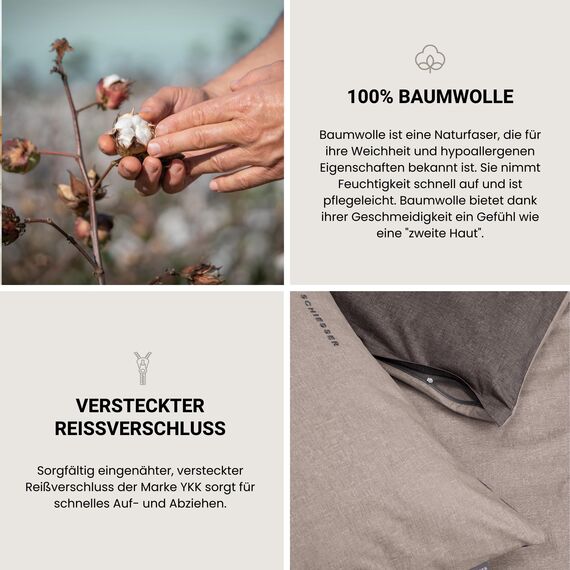 Schiesser Bettwäscheset Doubleface - Renforcé - 2-teilig - 155 x 220 cm - Taupe-Dunkelgrau