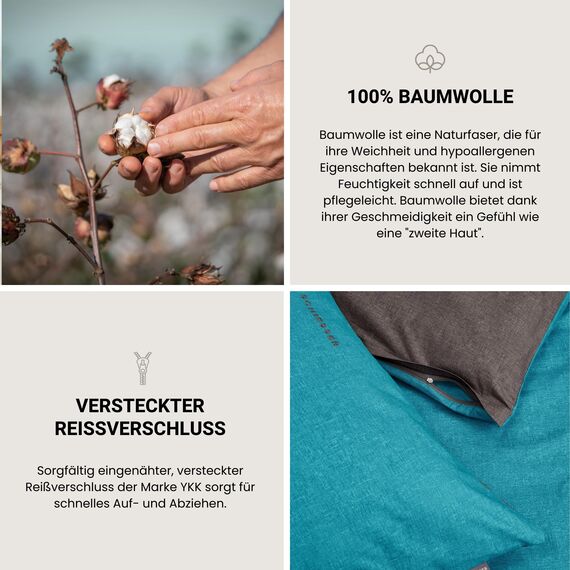 Schiesser Bettwäscheset Doubleface | Renforcé | 2-teilig | Zweifarbig | 100 % Baumwolle | Oeko-Tex® Made in Green Zertifiziert | Reißverschluss | 135x200cm + 80x80cm | Türkis-Dunkelgrau