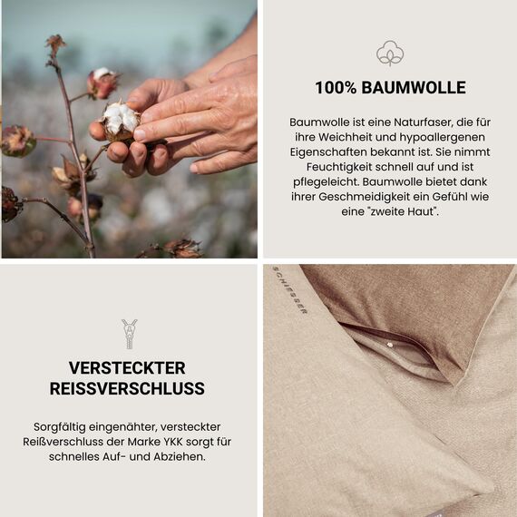 Schiesser Bettwäscheset Doubleface | Renforcé | 2-teilig | Zweifarbig | 100 % Baumwolle | Oeko-Tex® Made in Green Zertifiziert | Reißverschluss | 135x200cm + 80x80cm | Sand