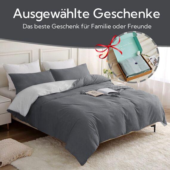 MILDLY Bettwäsche 155x220 Baumwolle, Bettwäsche-Sets Dunkelgrau2 2 Teilig mit Reißverschluss Ähnliche Textur wie Stone Washed Leinen und Enthält 1 Bettbezug und 1 Kissenbezug 80x80