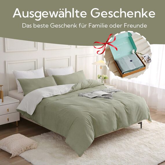 MILDLY Bettwäsche 220x240 Baumwolle, Bettwäsche-Sets Vintagegrün 3 Teilig mit Reißverschluss Ähnliche Textur wie Stone Washed Leinen und Enthält 1 Bettbezug und 2 Kissenbezug 80x80