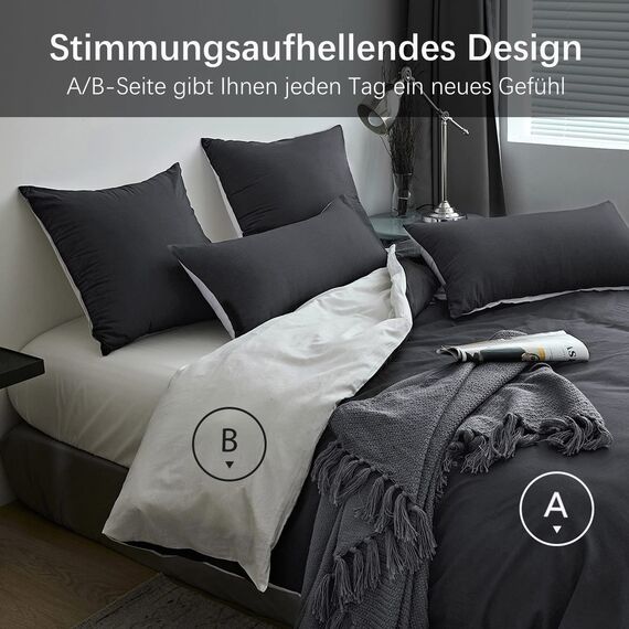 MILDLY Bettwäsche 135x200 Baumwolle 4 Teilig, Bettwäsche-Sets Anthrazit mit Leinenartigem Griff, ÖkoTex Zertifiziert & für Allergiker Geeignet, 2 Bettbezug & 2 Kissenbezügen 80x80