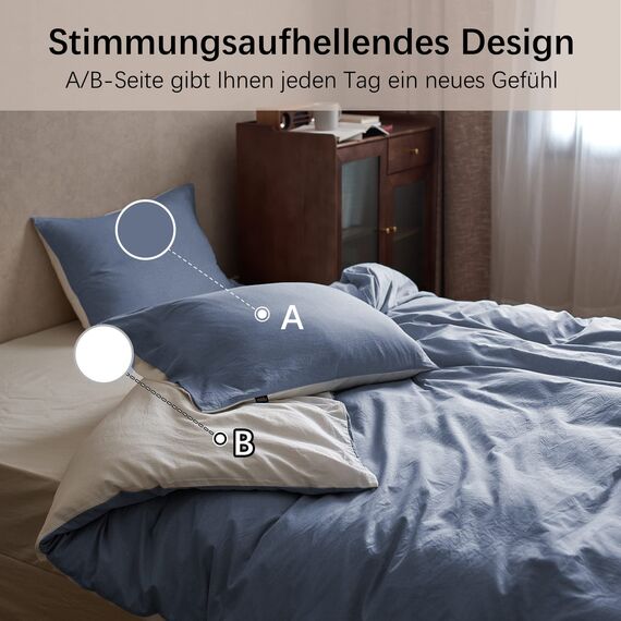 MILDLY Bettwäsche 155x220 Baumwolle, Bettwäsche-Sets Denim Blue 2 Teilig mit Reißverschluss Ähnliche Textur wie Stone Washed Leinen und Enthält 1 Bettbezug und 1 Kissenbezug 80x80