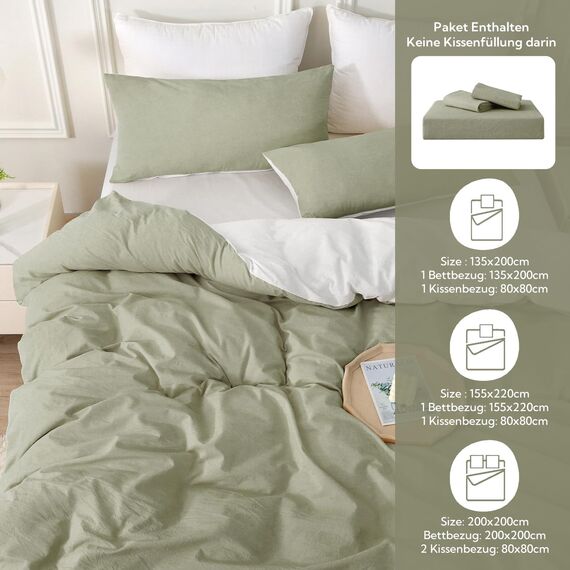 MILDLY Bettwäsche 200x200 Baumwolle, Bettwäsche-Sets Vintagegrün 3 Teilig mit Reißverschluss Ähnliche Textur wie Stone Washed Leinen und Enthält 1 Bettbezug und 2 Kissenbezug 80x80