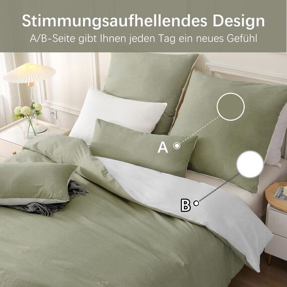MILDLY Bettwäsche 200x200 Baumwolle, Bettwäsche-Sets Vintagegrün 3 Teilig mit Reißverschluss Ähnliche Textur wie Stone Washed Leinen und Enthält 1 Bettbezug und 2 Kissenbezug 80x80