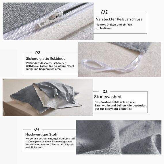 MILDLY Bettwäsche 220x240 Baumwolle, Bettwäsche-Sets Dunkelgrau 3 Teilig mit Reißverschluss Ähnliche Textur wie Stone Washed Leinen und Enthält 1 Bettbezug und 2 Kissenbezug 80x80
