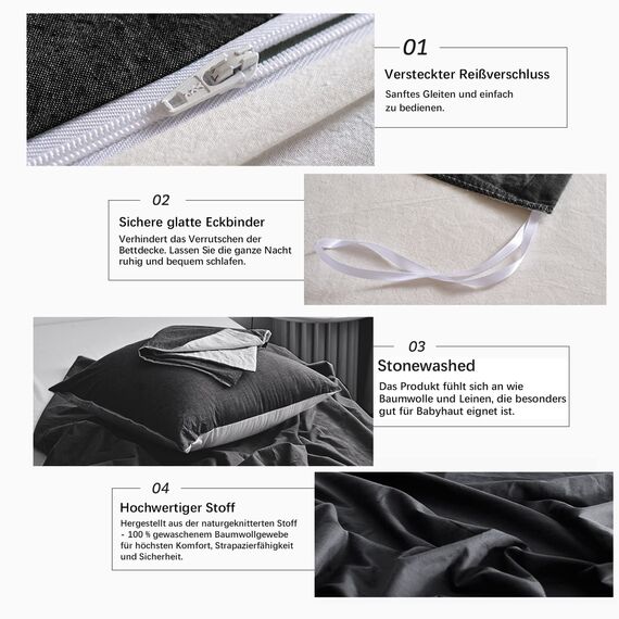 MILDLY Bettwäsche 135x200 Baumwolle 4 Teilig, Bettwäsche-Sets Anthrazit mit Leinenartigem Griff, ÖkoTex Zertifiziert & für Allergiker Geeignet, 2 Bettbezug & 2 Kissenbezügen 80x80