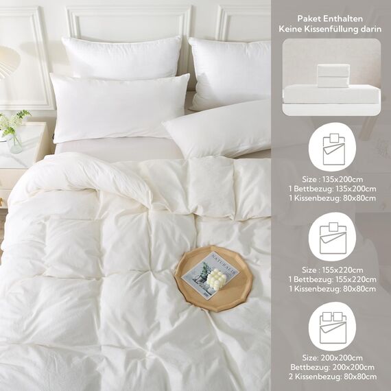 MILDLY Bettwäsche 220x240 Baumwolle 3 Teilig, Bettwäsche-Sets Milky White mit Reißverschluss, Ähnliche Textur wie Stone Washed Leinen, Enthält 1 Bettbezug 200x200 und 2 Kissenbezug 80x80