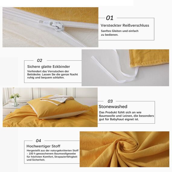 MILDLY Bettwäsche 200x200 Baumwolle, Bettwäsche-Sets Gelb 3 Teilig mit Reißverschluss Ähnliche Textur wie Stone Washed Leinen und Enthält 1 Bettbezug und 2 Kissenbezug 80x80