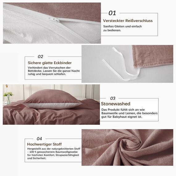 MILDLY Bettwäsche 200x200 Baumwolle, Bettwäsche-Sets Ziegelrot 3 Teilig mit Reißverschluss Ähnliche Textur wie Stone Washed Leinen und Enthält 1 Bettbezug und 2 Kissenbezug 80x80