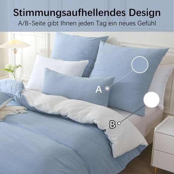 MILDLY Bettwäsche 200x200 Baumwolle 3 Teilig, Bettwäsche-Sets Haiya Blue mit Reißverschluss, Ähnliche Textur wie Stone Washed Leinen, Enthält 1 Bettbezug 200x200 und 2 Kissenbezug 80x80