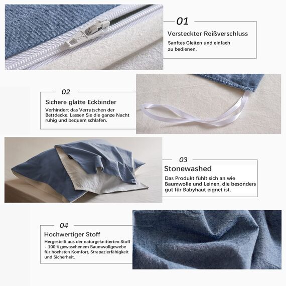MILDLY Bettwäsche 220x240 Baumwolle, Bettwäsche-Sets Denim Blue 3 Teilig mit Reißverschluss Ähnliche Textur wie Stone Washed Leinen und Enthält 1 Bettbezug und 2 Kissenbezug 80x80